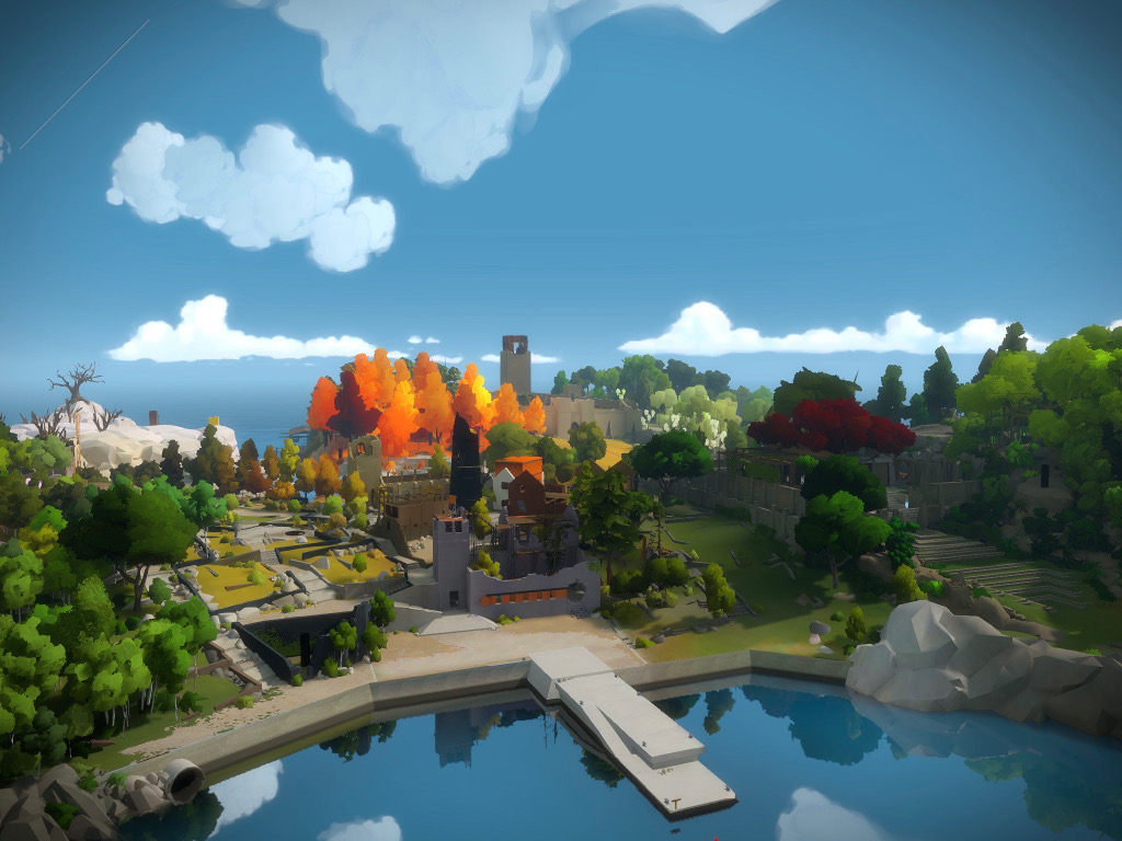 The Witness iPad Pro screenshot, showing most of the island covered in trees in various colors, a deep blue sky and a jetty over a mirror lake.